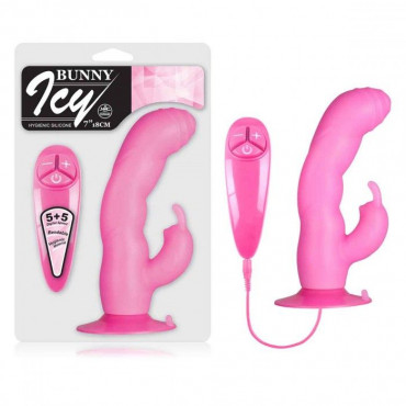 Розовый вибратор с клиторальным стимулятором Bunny Icy - 18 см.