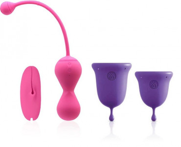 Подарочный набор: розовый тренажер Кегеля Magic Kegel Master 2 и фиолетовые менструальные чаши