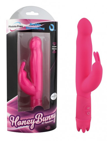 Розовый вибратор с клиторальным отростком Honey Bunny - 21,5 см.