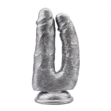 Серебристый анально-вагинальный фаллоимитатор Dick Cumming - 18 см.