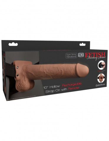 Кофейный перезаряжаемый фаллопротез 10" Hollow Strap-on with Remote - 21,6 см.