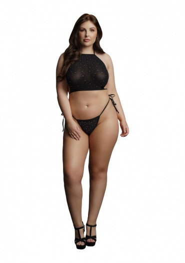 Стильный комплект Festive Rhinestone Top and Thong со стразами, черный