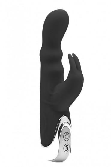 Чёрный вибратор Silicone Bunny с клиторальным отростком - 16,5 см.