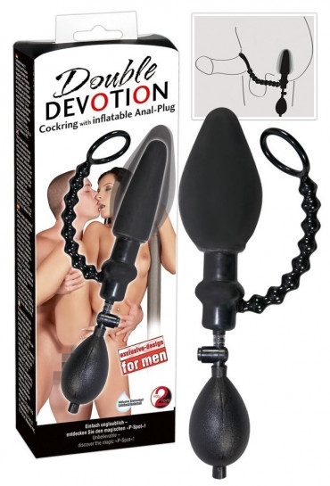 Чёрный стимулятор 2-в-1 Double Devotion: эрекционное кольцо и анальный расширитель