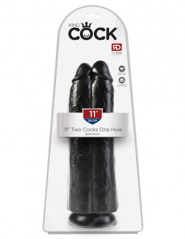 Сдвоенный черный фаллоимитатор на присоске 11" Two Cocks One Hole - 30,5 см.