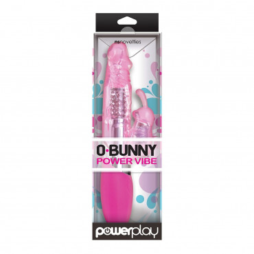 Розовый вибратор с вращением бусин и клиторальным зайчиком Power Play O-Bunny - 21,5 см.