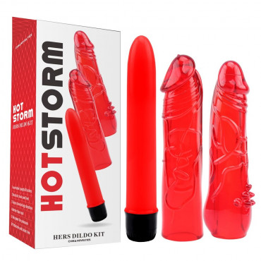 Красный классический вибратор с 2 сменными насадками Hers Dildo Kit